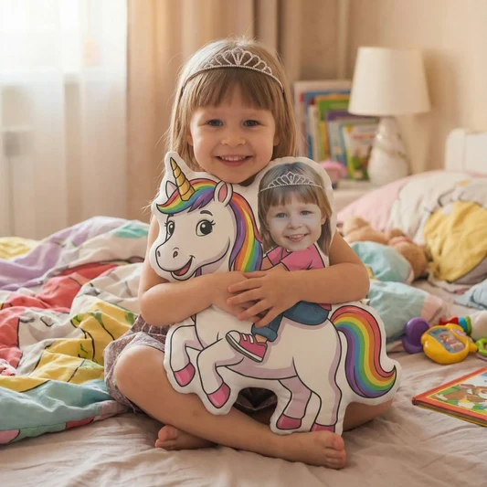 Little girl hugging a custom unicorn photo pillow with her face on it